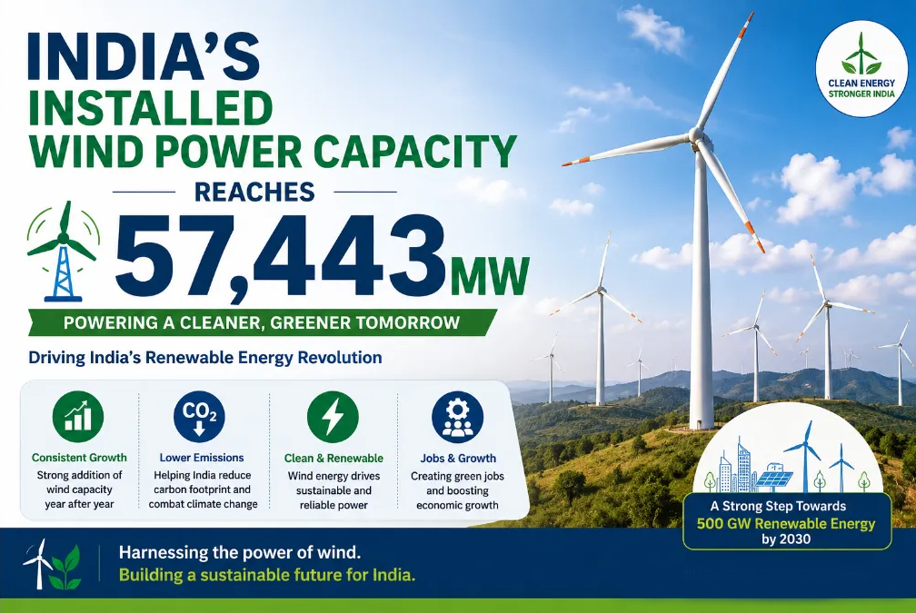 India’s Wind Power Capacity Reaches 57,443 MW in 2026