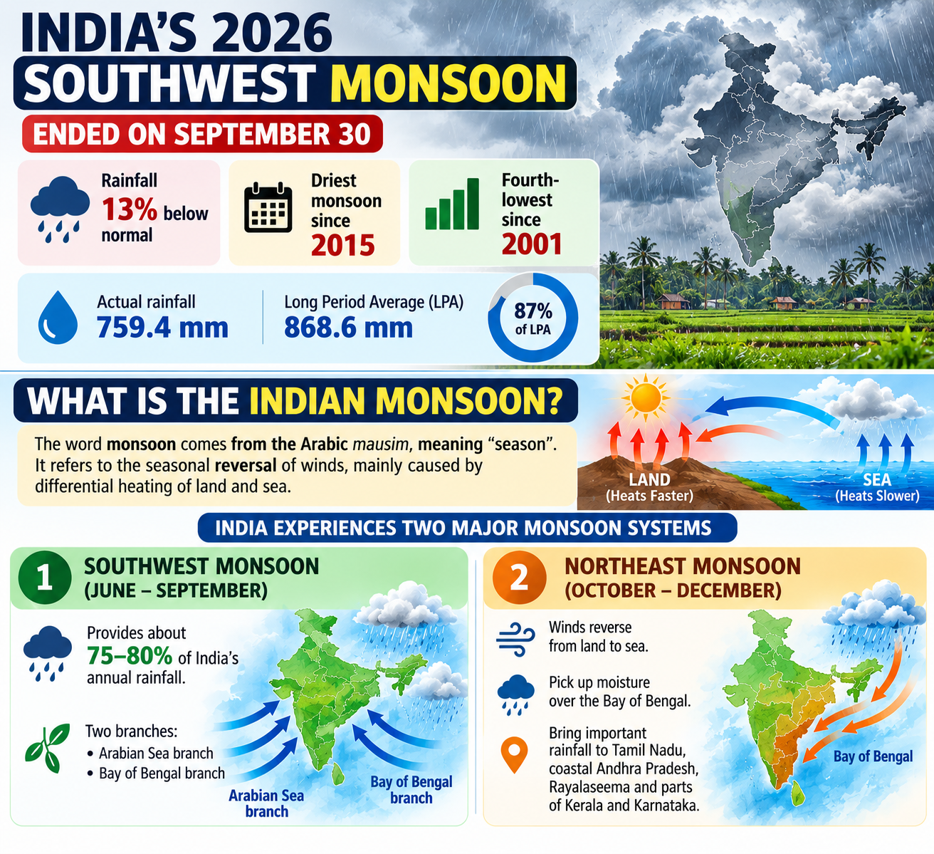 India’s 2026 Monsoon Ends with 13% Rainfall Deficit